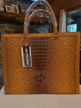 Tan Croc & Ostrich-Texture Structured Tote